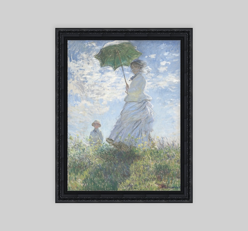 May include: A painting of a woman in a white dress holding a green parasol, walking in a field with a child in a straw hat. The sky is blue with white clouds.
