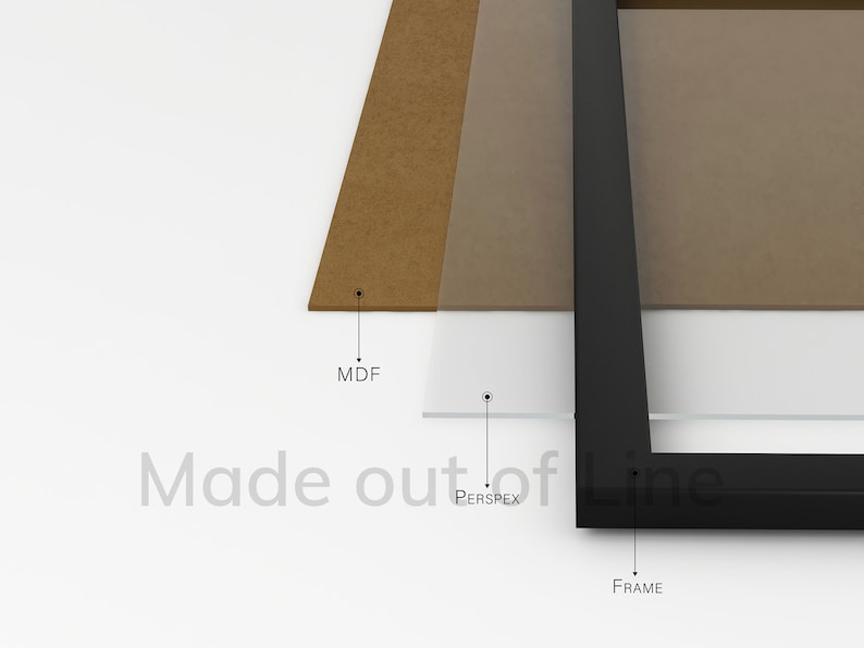 May include: An exploded view of a picture frame, showcasing its components. The frame is black, with a clear Perspex sheet, a brown MDF backing, and the text "Made out of Line".