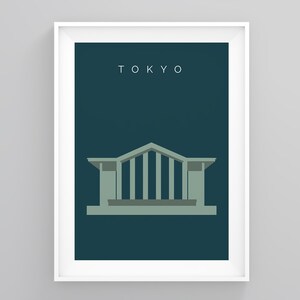 May include: A minimalist poster with a dark blue background and the word "TOKYO" in white text at the top. A stylized illustration of a building with a green roof and columns is in the center of the poster.