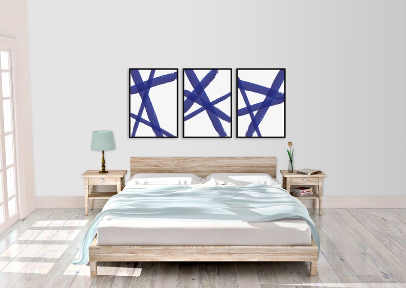 Blue Stroke Lines 2 Prints Illustrations Mid Century Abstract Set Of 3 Wall Art Blue Stroke Lines 3 Blue Stroke Lines 1