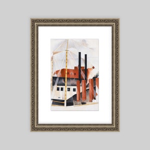 May include: A watercolor painting of a red and white building with tall smokestacks. The building is surrounded by a geometric pattern of lines and shapes in shades of gray and white.