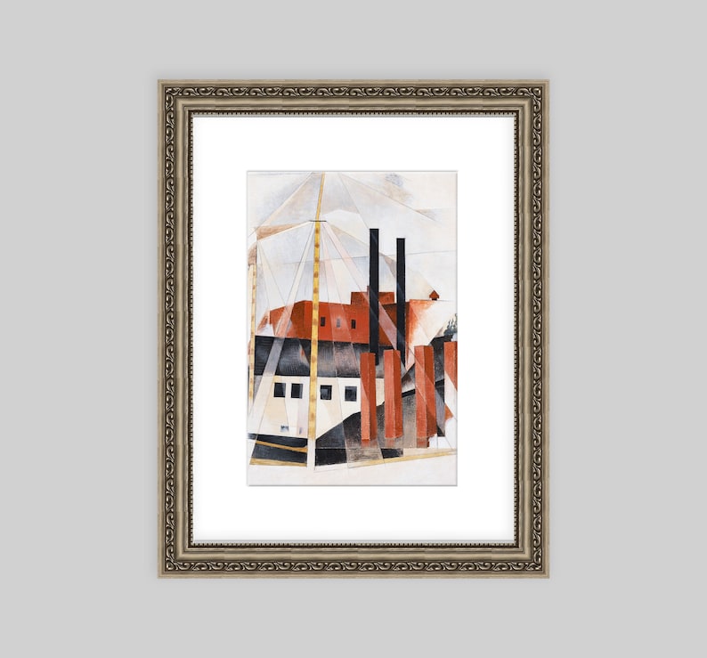May include: A watercolor painting of a red and white building with tall smokestacks. The building is surrounded by a geometric pattern of lines and shapes in shades of gray and white.