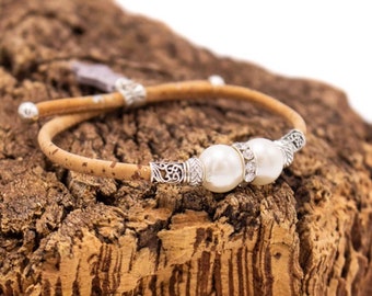 Bracelet femme en liège naturel et perles - bracelet perle bohème - bracelet ajustable vegan - bijoux vegan en liège portugal - idée cadeau
