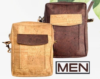 sac homme vegan en liege - sacoche homme en cuir végétal - idée cadeau homme - petit sac homme artisanal - sac marron - sac en cuir vegan