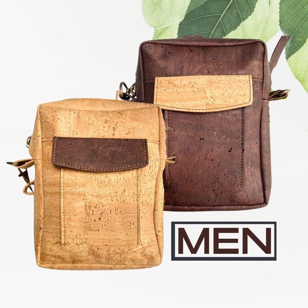 sac homme vegan en liege - sacoche homme en cuir végétal - idée cadeau homme - petit sac homme artisanal - sac marron - sac en cuir vegan