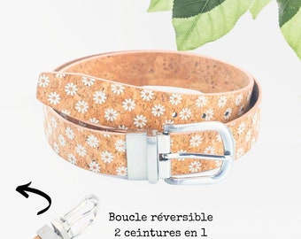 vegan cork reversible women's belt - 2 in 1 belt - women's flower belt - boho belt - natural wedding belt - gift idea