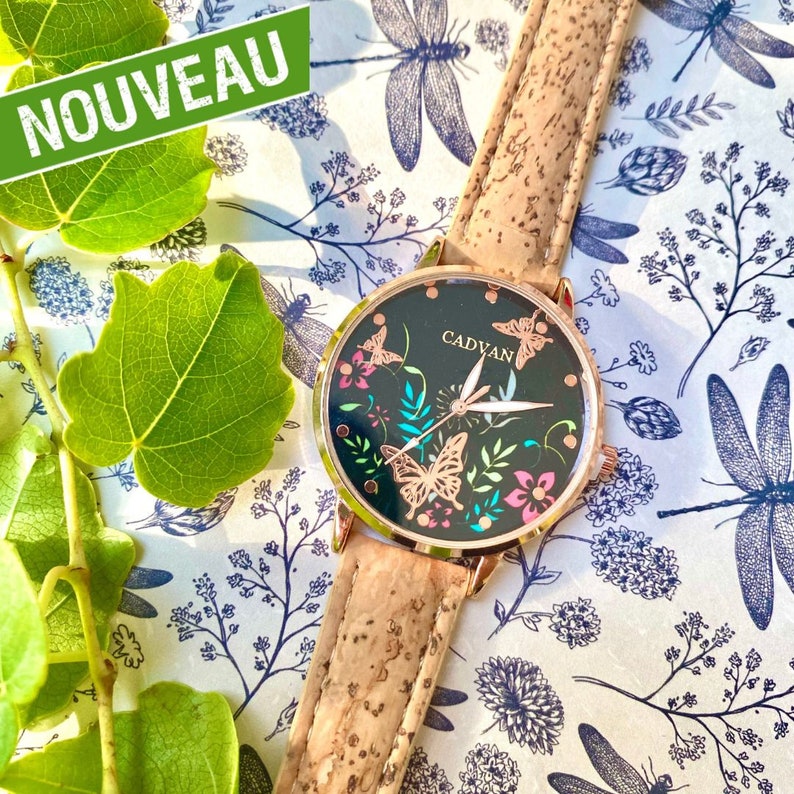 montre femme vegan en liège montre liege papillon montre cuir végétal bracelet en liege kork montre végétalienne montre bois image 3