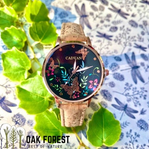 montre femme vegan en liège montre liege papillon montre cuir végétal bracelet en liege kork montre végétalienne montre bois Papillon multicolore