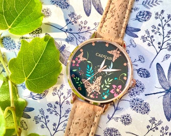 montre femme vegan en liège - montre liege papillon - montre cuir végétal - bracelet en liege - kork - montre végétalienne - montre bois