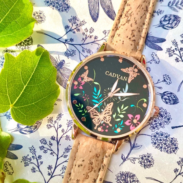 montre femme vegan en liège - montre liege papillon - montre cuir végétal - bracelet en liege - kork - montre végétalienne - montre bois