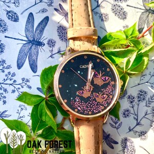 montre femme vegan en liège montre liege papillon montre cuir végétal bracelet en liege kork montre végétalienne montre bois Papillon rose