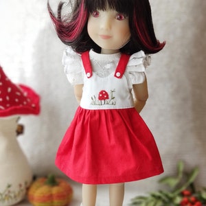 Mushroom dress for Ruby Red Siblies & Fashion Friends doll on Halloween: Red amanita pinafore for 12-14 inch doll, Forest clothes for toys