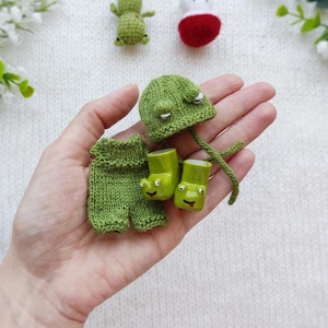 Op de afbeelding: Een hand toont een verzameling miniatuur groene gebreide items met kikker-thema, waaronder een hoed, een korte broek en laarzen. Extra kleine speeltjes, waaronder een paddenstoel en een insect, zijn verspreid. De items staan tegen een witte achtergrond.