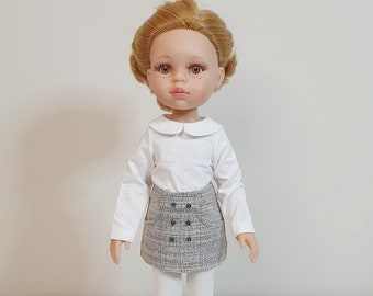 Paola Reina gray mini skirt with white blouse / PRE-ORDER / Ruby Red Siblies short skirt, Clothes for Boneka 32 cm 13 inch doll, Meadow