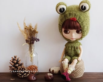 Blythe frog helmet, Kigurumi pajamas for Icy doll on Halloween, Blythe boy doll toad clothes, Animal jumpsuit and hat