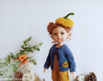 Blue pumpkin cardigan for Paola Reina on Halloween, 32 cm 13 inch doll clothes, Ruby Red Siblies sweater, hat Little Darling doll outfit