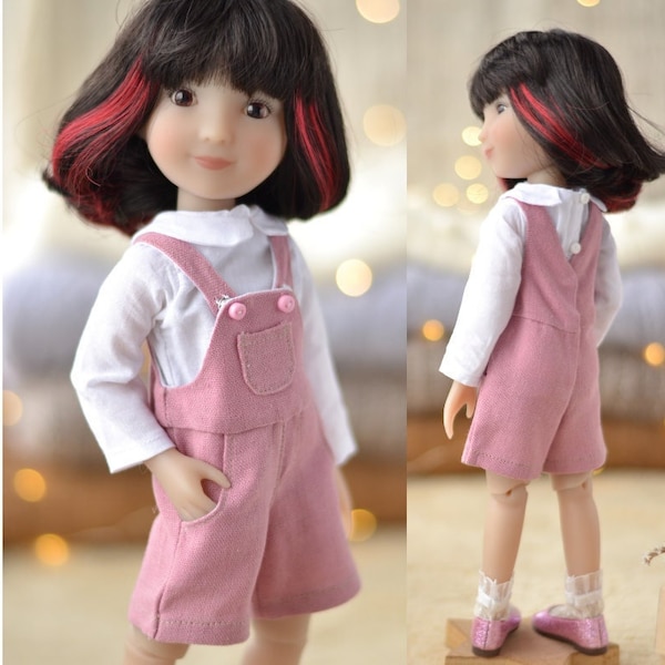 Short pink overalls and white blouse for Ruby Red Siblies doll clothes set on Easter / Paola Reina outfit for 32 cm 12 inch doll