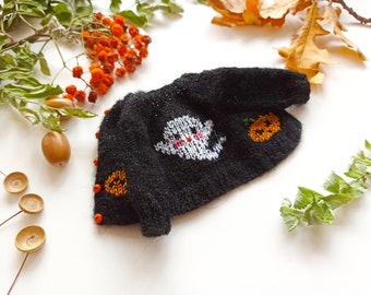 Halloween boo sweater for Ruby Red Siblies & Fashion Friends clothes: black cardigan with ghost and pumpkin hat for 14 inch doll outfit