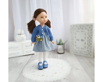 Easter clothes set for Paola Reina: sky blue pinafore dress, sheeps cardigan, tights, leather shoes, Outfit for 32 cm doll Ruby Red Siblies