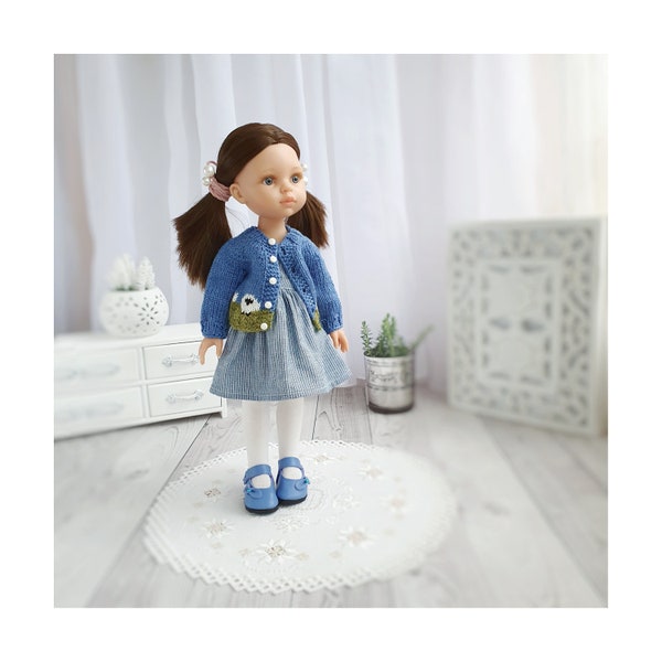 Easter clothes set for Paola Reina: sky blue pinafore dress, sheeps cardigan, tights, leather shoes, Outfit for 32 cm doll Ruby Red Siblies