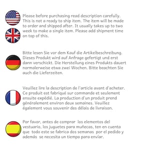 Op de afbeelding: Tekst in het Engels, Duits, Frans en Spaans, met vlaggen van de VS, het VK, Duitsland, Frankrijk en Spanje. De tekst adviseert om de beschrijving voor aankoop te lezen, aangezien items op bestelling worden gemaakt en ongeveer twee weken duren.