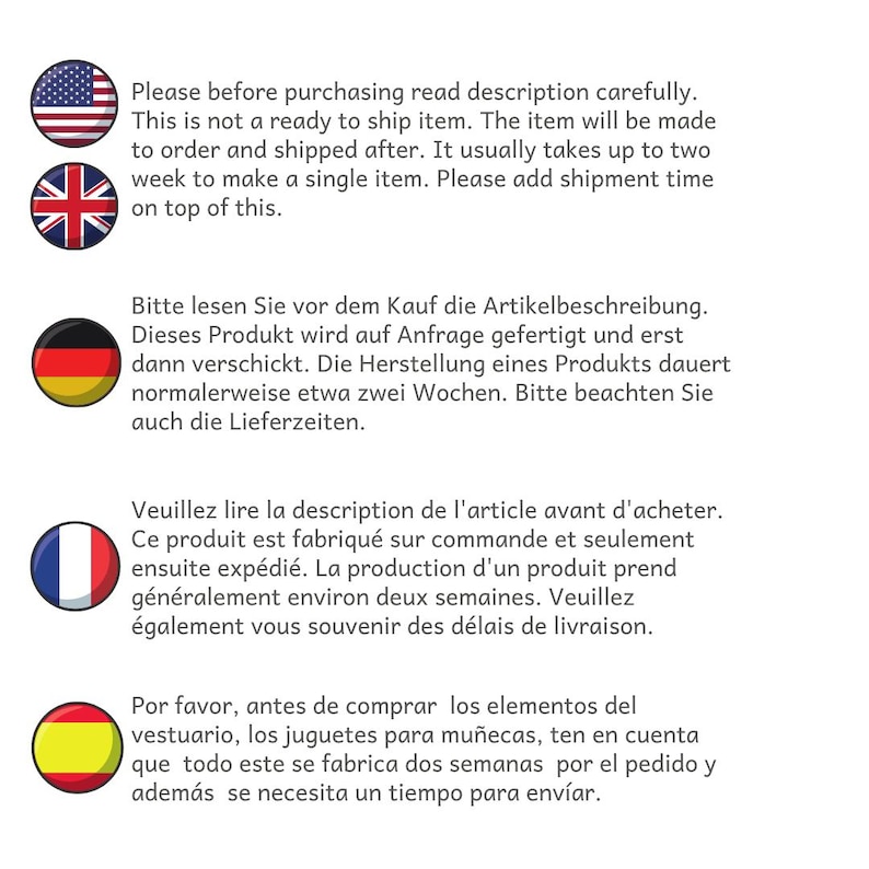 Op de afbeelding: Tekst in het Engels, Duits, Frans en Spaans, met vlaggen van de VS, het VK, Duitsland, Frankrijk en Spanje. De tekst adviseert om de beschrijving voor aankoop te lezen, aangezien items op bestelling worden gemaakt en ongeveer twee weken duren.