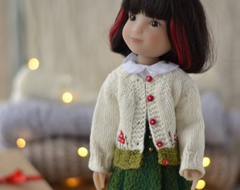 Ruby Red Siblies mushroom cardigan: semi wool white or beige, and white peter pan collar blouse for 12 - 13 inch doll, Siblies clothes set