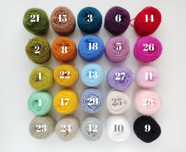 Puede incluir: Una colecci&oacute;n de 29 ovillos de lana de varios colores, numerados del 1 al 29. La lana est&aacute; dispuesta en cinco filas de seis ovillos cada una, con un ovillo en la fila inferior.