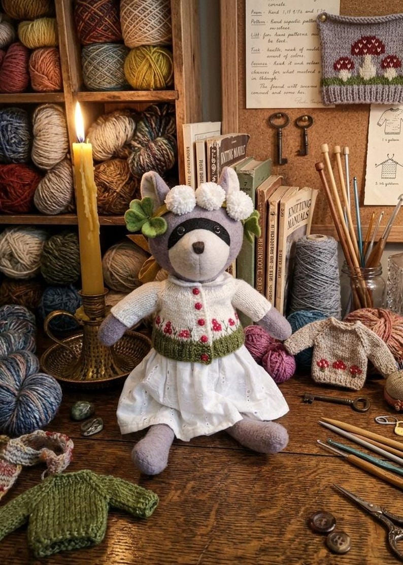 May include: A plush raccoon doll wearing a white knit cardigan with red floral embroidery, a green ribbed hem, and a white eyelet skirt. The raccoon has a white floral and green leaf crown on its head. The doll is positioned among yarn balls, knitting needles, and miniature sweaters.