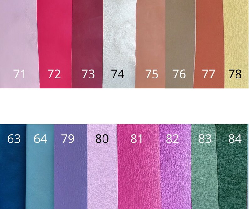 May include: A color chart with 12 different leather swatches. The swatches are numbered 63, 64, 71, 72, 73, 74, 75, 76, 77, 78, 79, 80, 81, 82, 83, and 84.