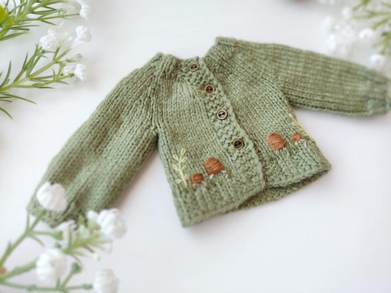 Woodland Mushroom Cardigan for Hazel Village Animals, Hand Knitted Forest Sweater with Embroidered Mushrooms, Storybook Doll Clothing