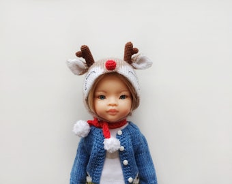 Reindeer helmet for Paola Reina 32 cm on Christmas clothes set, Mini Maru, Nansy doll hat, 13 inch doll outfit