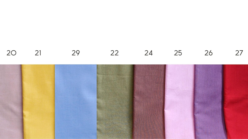 Puede incluir: Tarjeta de muestra con 8 muestras de tela en diferentes colores. Los colores son: morado claro, amarillo, azul claro, verde oliva, burdeos, rosa claro, morado y rojo.