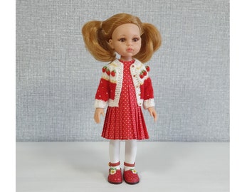 Conjunto de ropa roja para muñeca Paola Reina de 32 cm / Cárdigan de fresa, sandalias, Vestido plisado de lunares para muñeca Effner de 12-13 pulgadas, Siblies