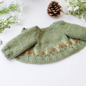 Puede incluir: Un suéter de bebé tejido de color verde salvia con mangas largas. El suéter presenta setas marrones bordadas y hojas amarillas a lo largo del dobladillo inferior. Se ven dos pequeños botones en el hombro izquierdo. Una piña y vegetación en el fondo.