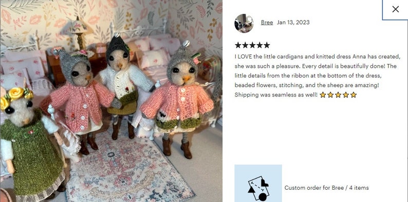 May include: Four handmade felt animal figures wearing knitted cardigans and a dress. The figures are standing on a pink and white patterned rug. The caption reads "Custom order for Bree / 4 items".