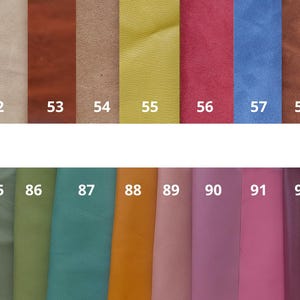 May include: A swatch card with 14 different colored leather samples. The samples are numbered 50 through 60 and 85 through 94.