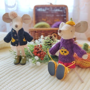 Suéter negro de calabaza para la hermanita maileg mouse, ropa de Halloween para el hermano mayor ratones, atuendo para la pequeña casa de muñecas juguete maus kleidung imagen 5