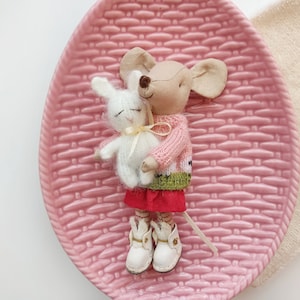 Miniature white bunny for Maileg Mouse on Christmas / Pet friend for Big Sister Maileg, Pocket stuffed rabbit for Maileg Enthusiasts gift