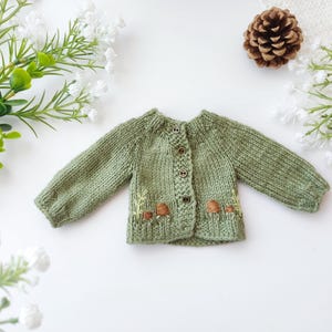 Op de afbeelding: Een saliegroen gebreid vest met lange mouwen en een ronde halslijn. De baby trui heeft geborduurde paddenstoelen en bladeren aan de onderkant. Het vest heeft drie knopen aan de voorkant.