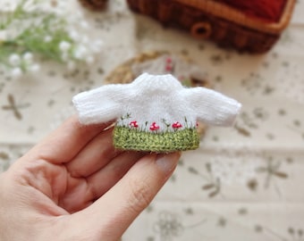 Miniature mushroom cardigan for Rebecca's mouse / White or beige amanita cardigan for 4 inch djd doll, Clothes for needle-felted toys