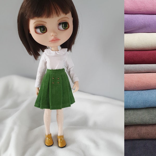Blythe doll clothes: pleated corduroy skirt and white peter pan collar blouse, Retro outfit for Obitsu22, Pullip vintage school skirt, top