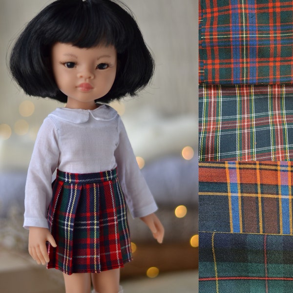 Checked pleated skirt for Paola Reina outfit, White peter pan collar blouse for 32 cm 13 inch doll, Ruby Red Siblies vintage clothes set