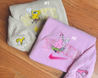 Handmade SpongeBob and Patrick Couple Embroidered Sweatshirt, Valentine's Day Couple Sweatshirt Hoodie Couple Matching Sweater