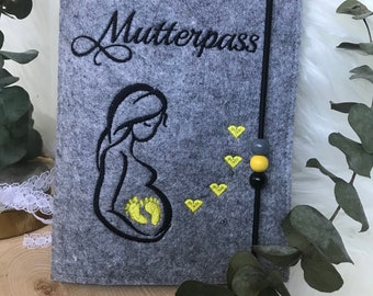 Maternity Pass Cover Felt Grey Maternity Pass Pregnant Woman with Yellow Hearts