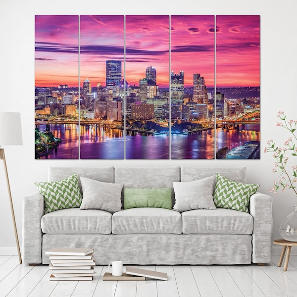 Pittsburgh city sunset framed canvas set office wall decor, USA skyscrapers city view artwork poster wall art, Pittsburgh panoramic art gift