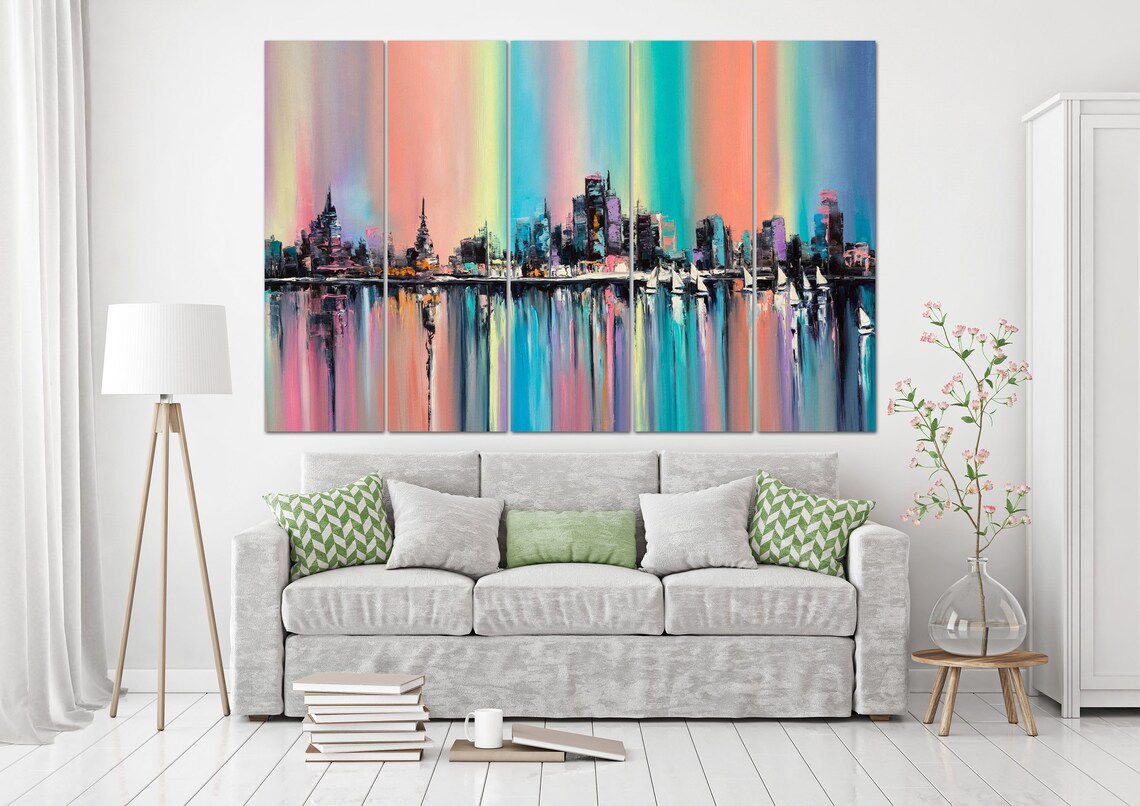 Colorful abstract city wall art extra large canvas rainbow Etsy