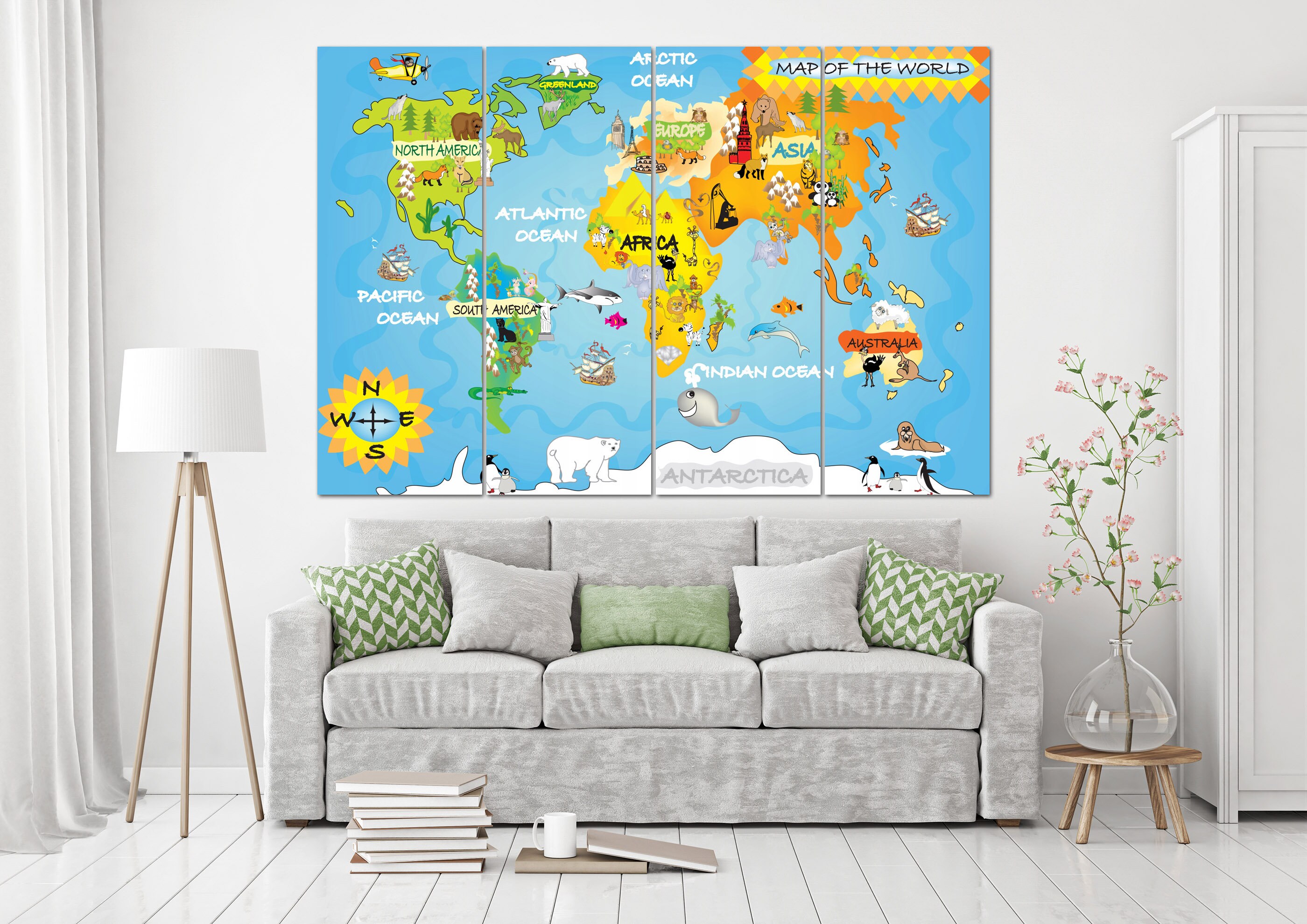 Kids world map wall art Kids room decor World map canvas print | Etsy
