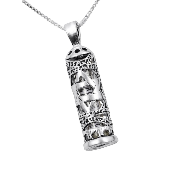 Mezuzah Necklace with Cut Out Star of David and Scroll in 925 Sterling Silver with or Without Chain