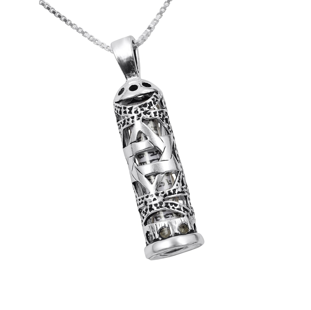 Mezuzah Necklace With Cut Out Star of David and Scroll in 925 Sterling